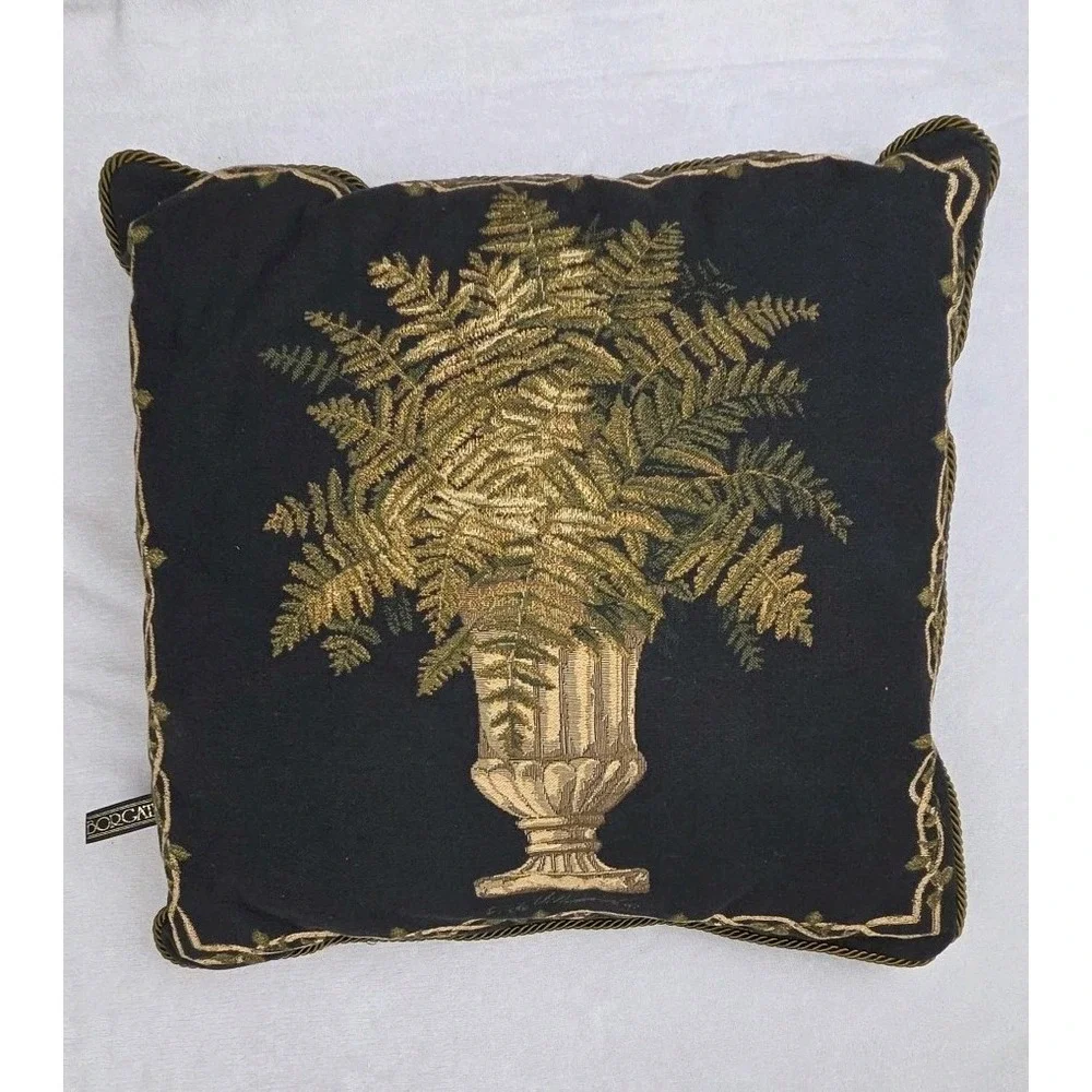 2 Vtg Borgata Tapestry‎ Rope Urn Fern Throw Pillows Black Green Tan 17 x 18 90s